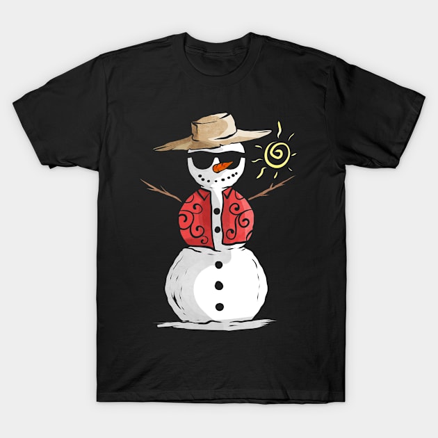 Snowman In The Sun With Straw Hat For Christmas In July T-Shirt by SinBle